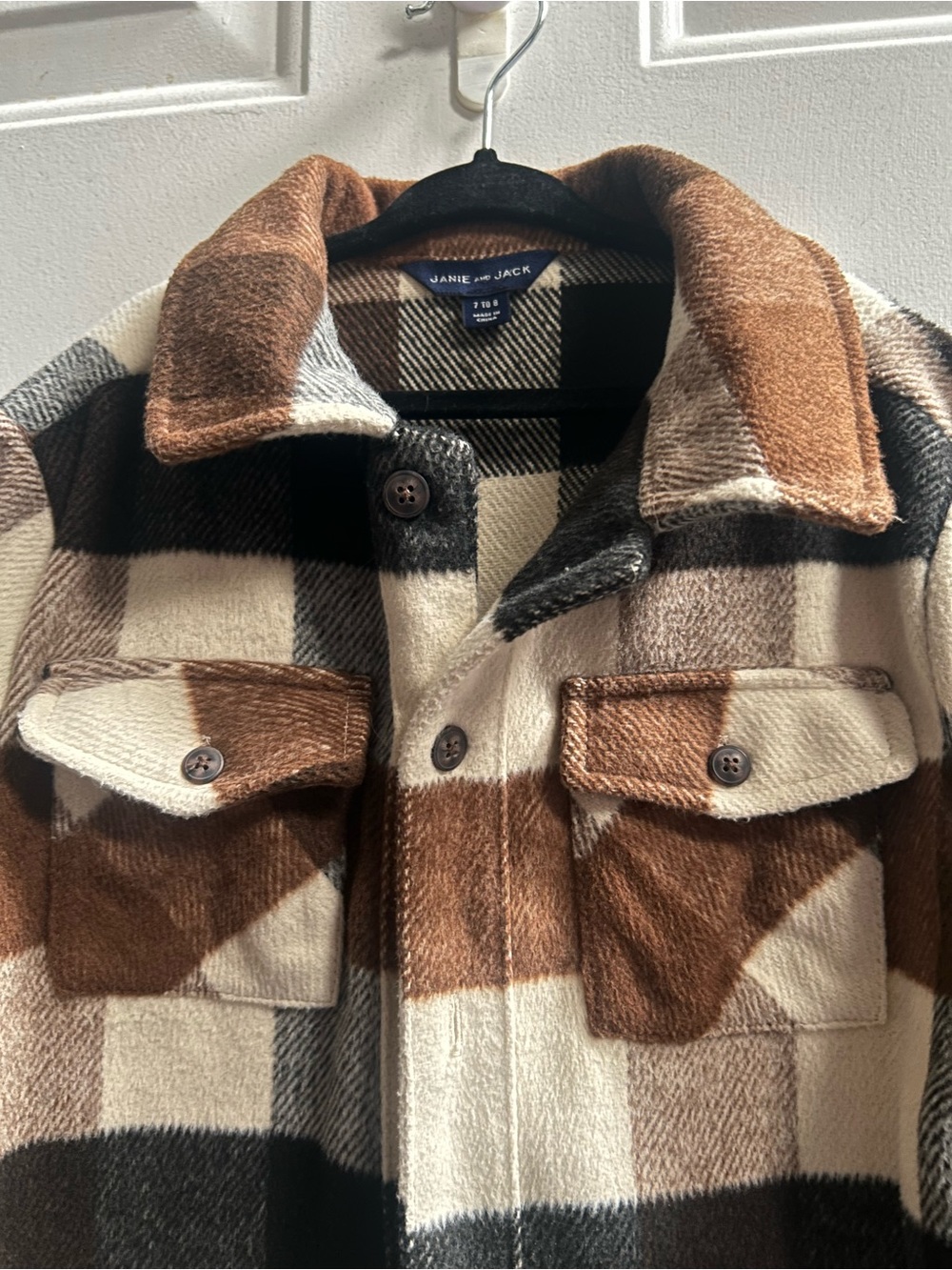 Janie and Jack Brown & Cream Plaid Button-Front Shacket Sz 7/8 - Picture 4 of 13